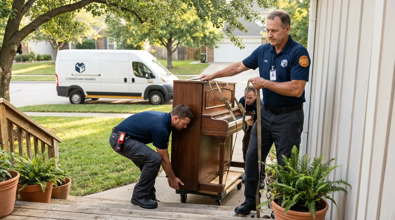 Licensed piano movers securing grand piano in Frenchtown, MT