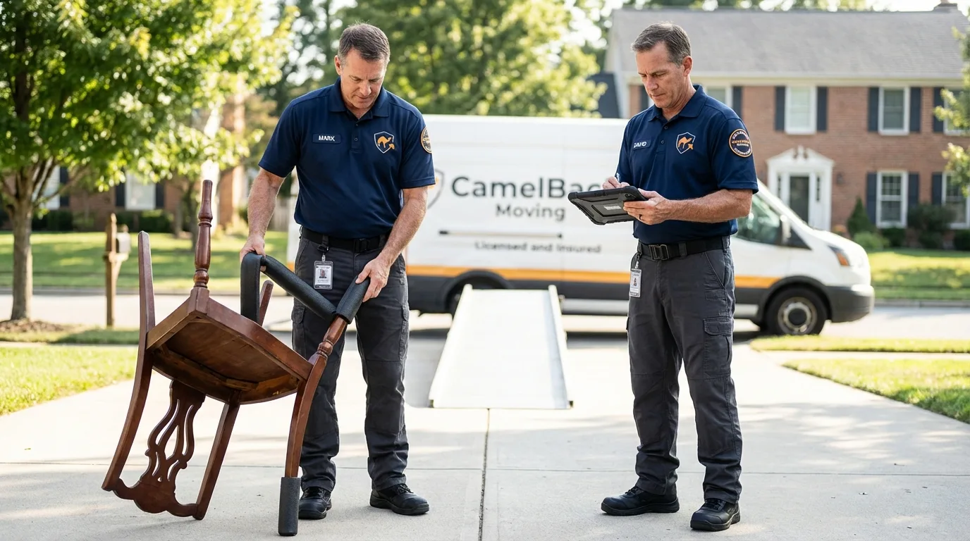 Movers inspecting furniture for damage prevention before loading in Frenchtown, MT